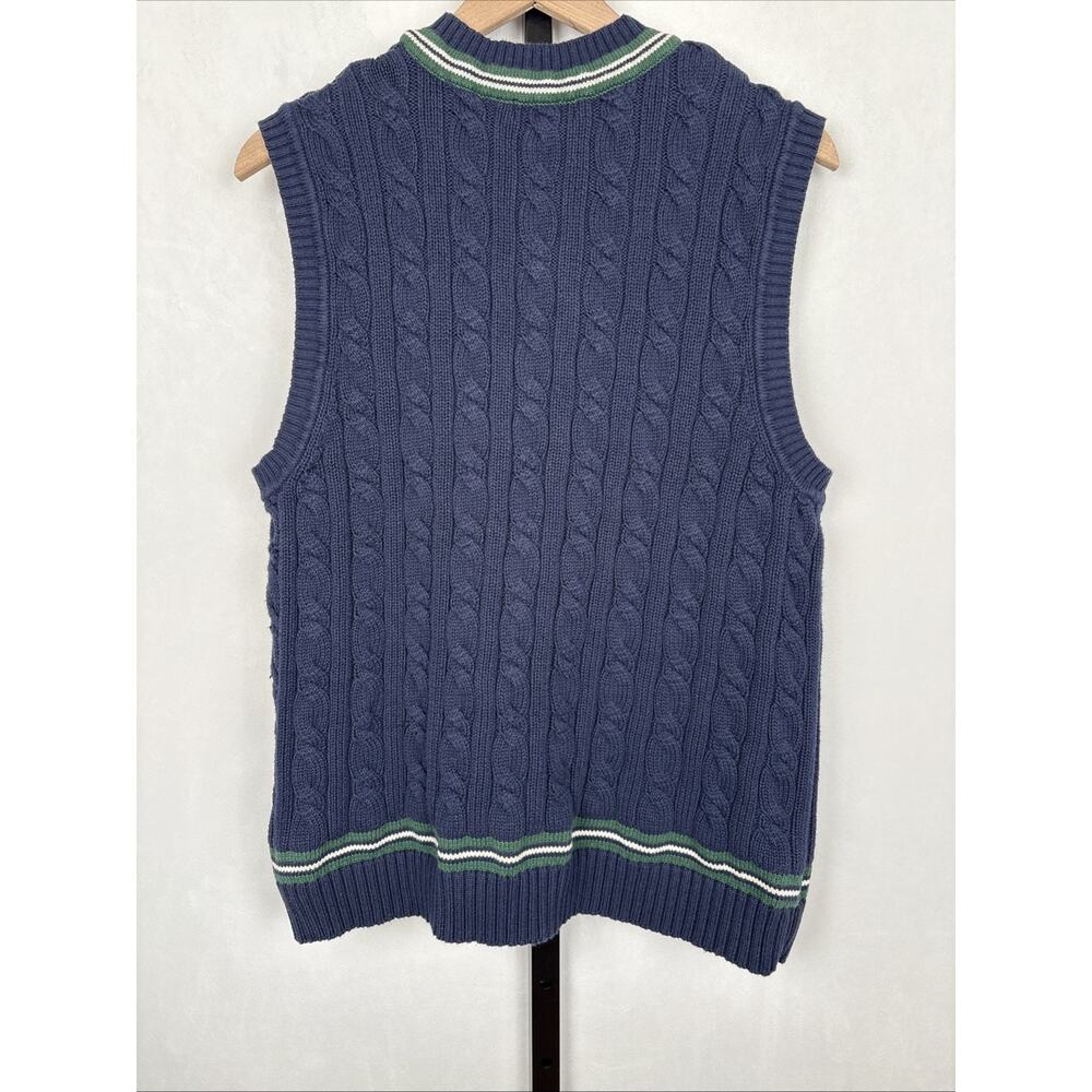 Club Room Sweater Vest Mens Large Cable Knit Navy Blue Cotton Logo Academia Golf - Picture 5 of 9